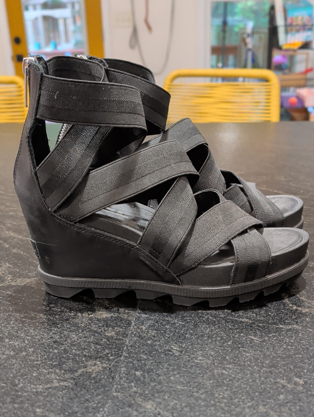 SOREL Women's Joanie II black Platform Strappy Wedges - Ankle Zip Strap